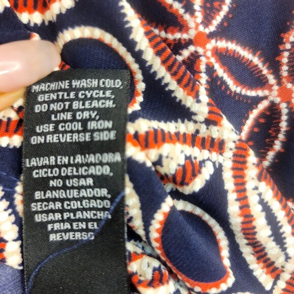 Chetta B Sleeveless Navy Orange Geometric Sheath Dress Gold Ring Detail Size 18 - Picture 5 of 9